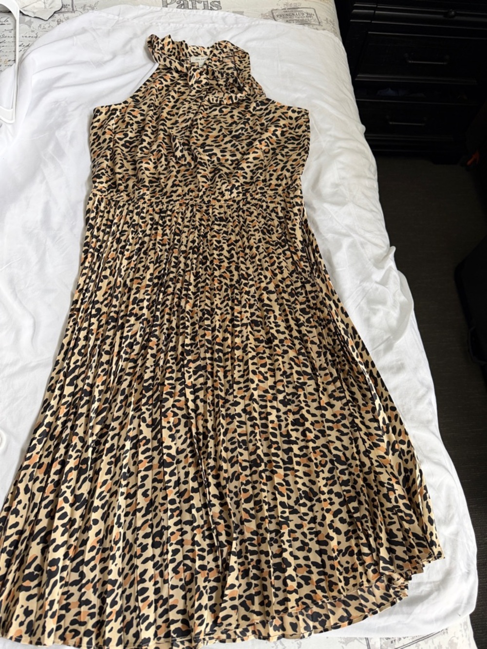 Sleeveless Pleated Leopard Midi Dress in Tan and Black